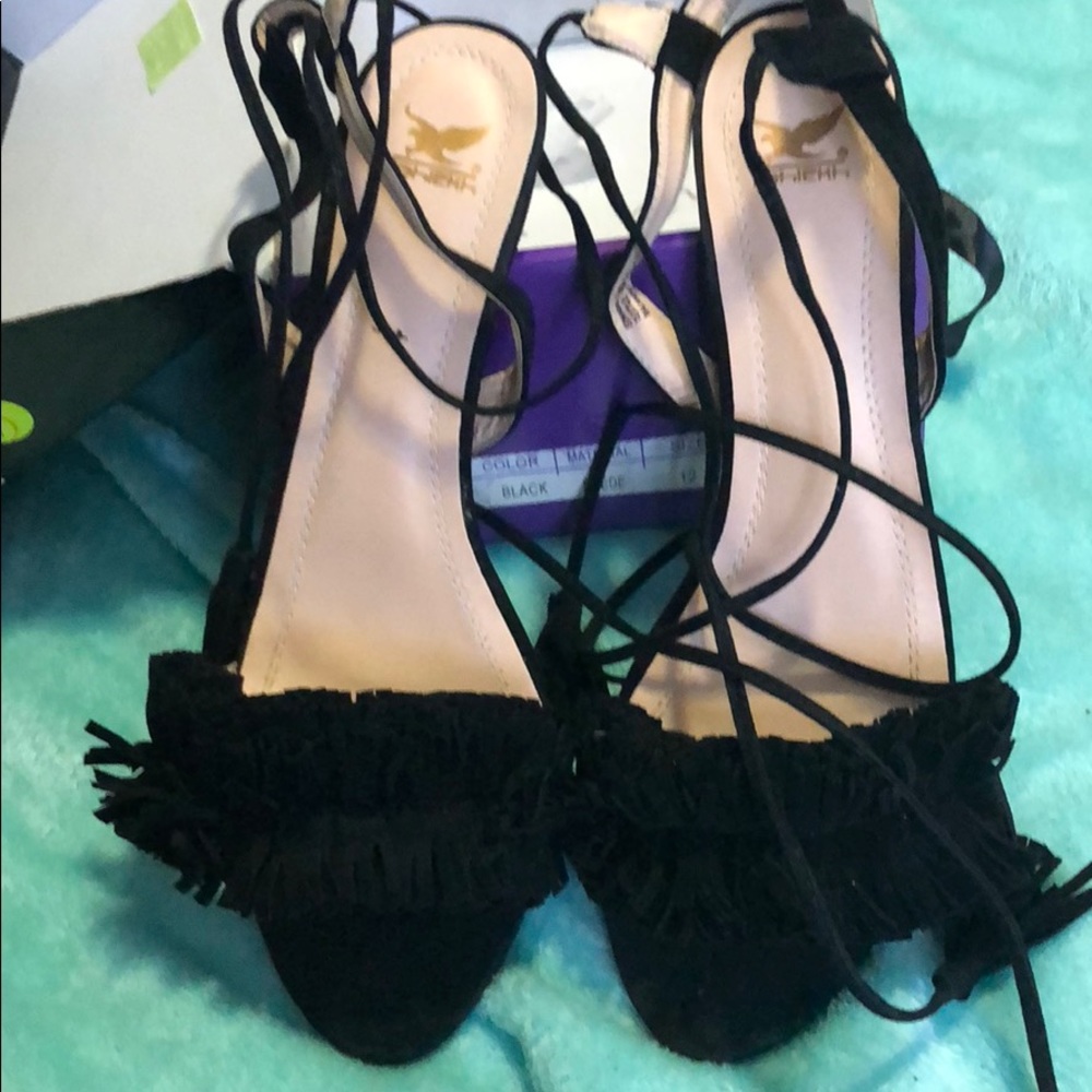 Lace Up Ruffle Toe Heels